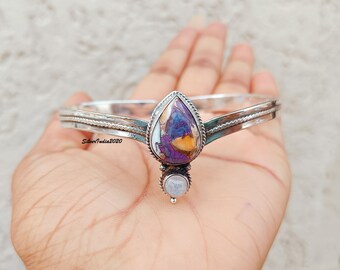 Purple Dahlia Copper Turquoise 925 Silver Bangle - Handmade Gemstone Jewelry