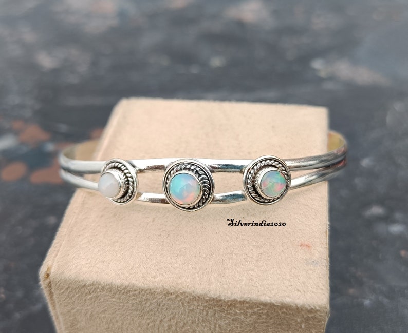 Opal Cuff Bangle, 925 Sterling Silver Bangle, Adjustable Handmade Bangle, Bangle For Christmas, Gemstone Bangle, Women Bangle, Gift For Her image 8