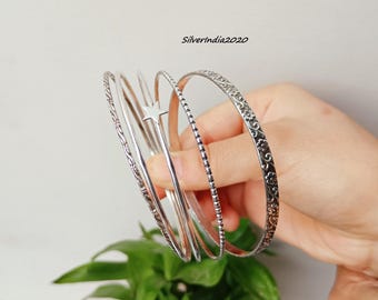 Sterling Silver Bangle Set, Floral & Star Design, Handmade Jewelry
