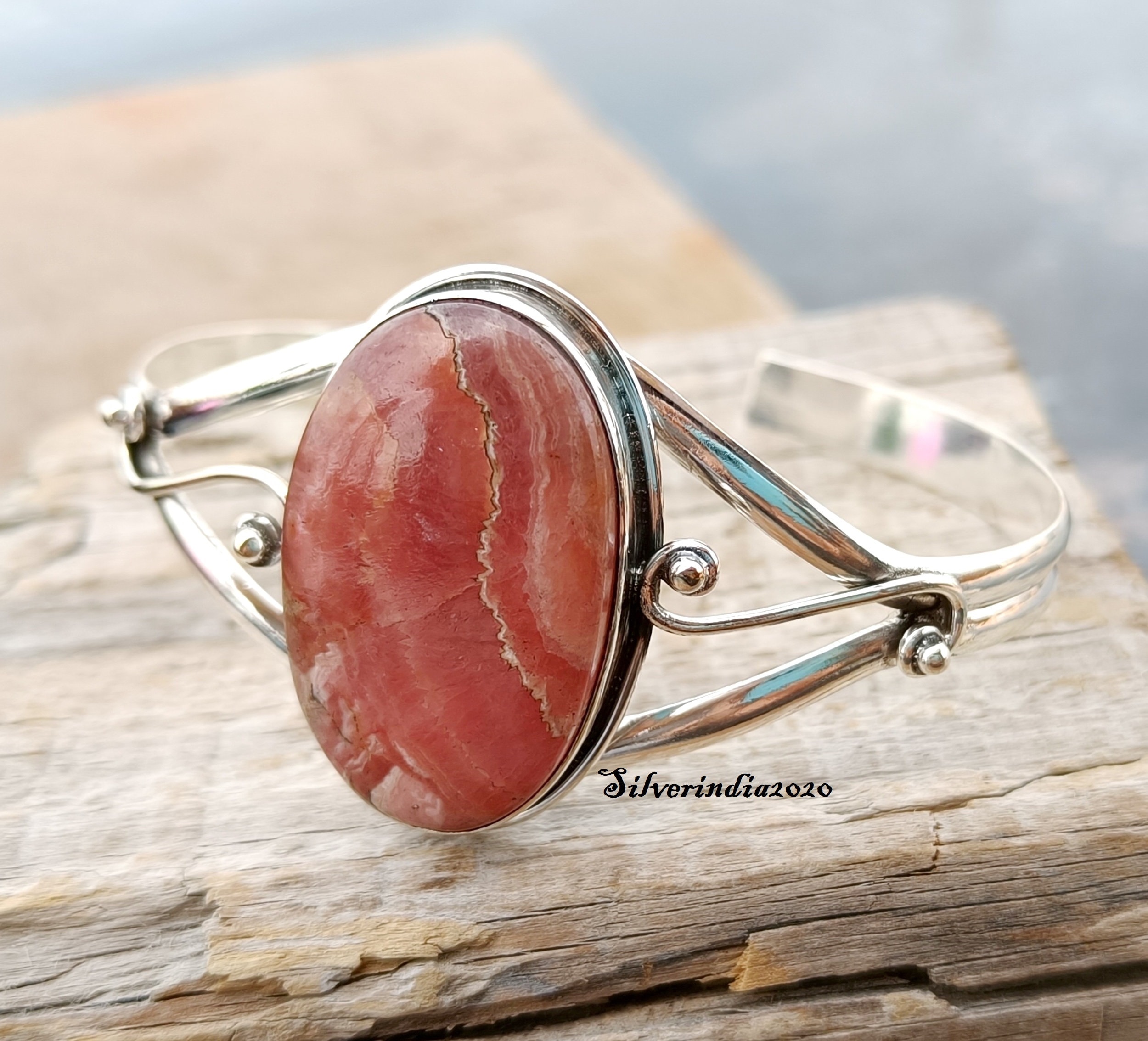 Rhodochrosite Bangle: Handmade 925 Sterling Silver Adjustable Cuff 