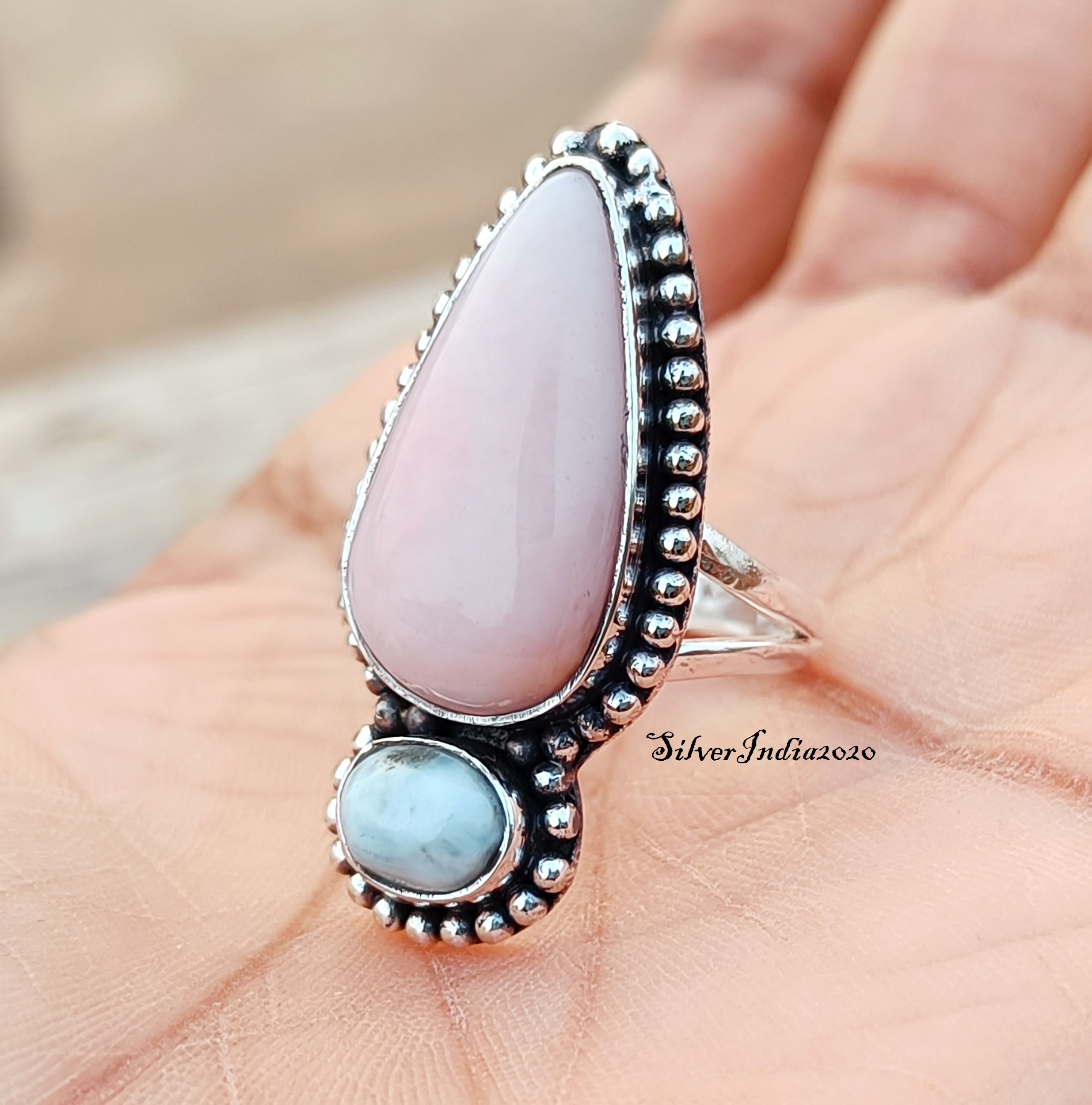 Handmade Sterling Silver Pink Opal & Larimar Gemstone Ring - Etsy 日本
