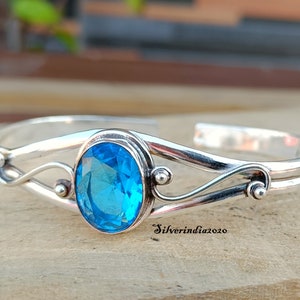 Blue Topaz 925 Sterling Silver Bangle: Handmade Open Cuff