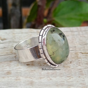 Oval Prehnite Ring: Handmade 925 Sterling Silver Band, Boho Jewelry