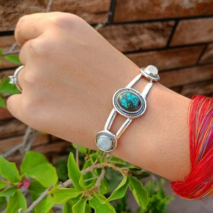 Handmade Sterling Silver Moonstone & Turquoise Bangle - Adjustable Boho Bracelet