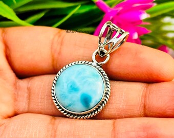 Natural Blue Larimar Gemstone Pendant 925 Sterling Silver Handmade Round Shape Jewelry Pendant Gift For Her Women Necklace Larimar Jewelry