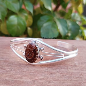 Ammonite Fossil Sterling Silver Adjustable Bangle-Handmade Bangle-Gemstone Designer Bangle-Cuff Bangle-Bangle For Gift-Christmas Gift Bangle