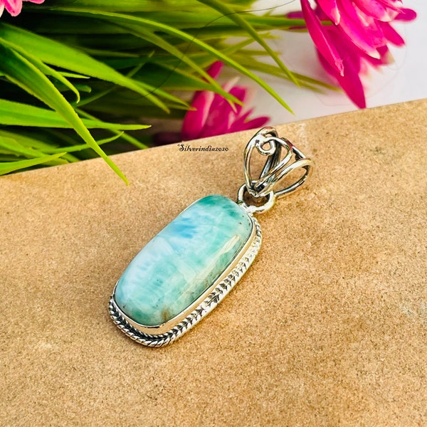 Larimar Pendant, Larimar Necklace, 925 Silver Pendant, Handmade Pendant, Gemstone Pendant, Rectangle Pendant, Gift For Her, Gift For Mom