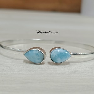 Adjustable Larimar Bangle,925 Silver Bangle, Women & Girls Gift Bangle, Beautiful Bangle, Boho Bangle,Pear Gemstone Bangle,  Larimar Jewelry