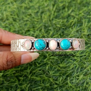 Handmade Turquoise & Opal Bangle: Adjustable Gemstone Cuff