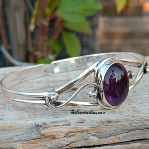Handmade Amethyst Bangle: Adjustable 925 Sterling Silver Cuff