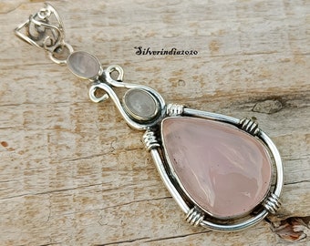 Handmade Rose Quartz 925 Sterling Silver Pendant Necklace