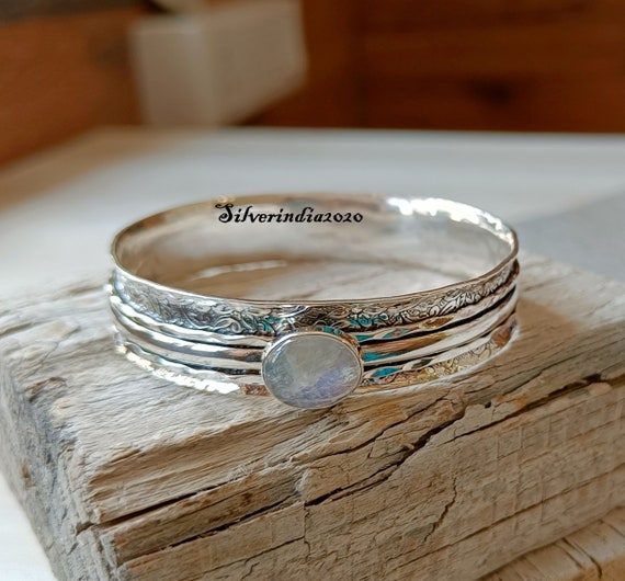 Moonstone Spinner Flower Bangle.925 Silver Spinner Bangle.hammered Spinner Bangle.stacking Bangle.women Jewelry.beautiful Bangle Etsy