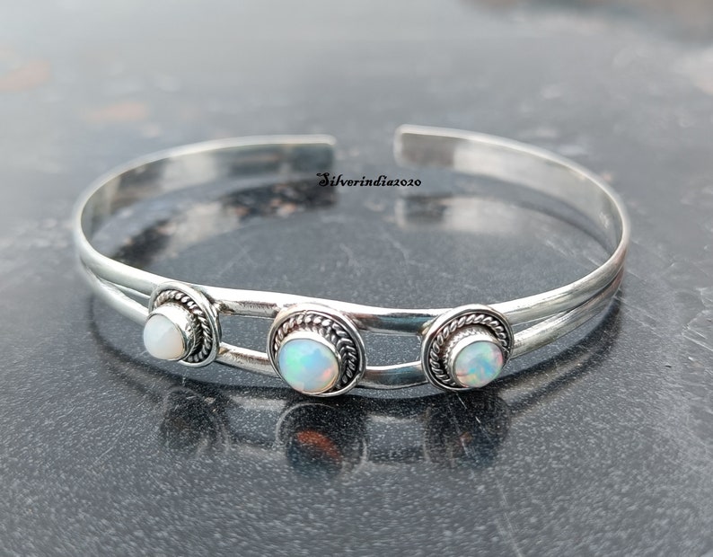 Opal Cuff Bangle, 925 Sterling Silver Bangle, Adjustable Handmade Bangle, Bangle For Christmas, Gemstone Bangle, Women Bangle, Gift For Her image 5