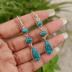 Handmade Blue Copper Turquoise 925 Sterling Silver Dangle Earrings