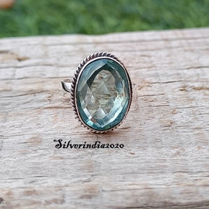 Oval Aquamarine Ring: Sterling Silver Split Band, Boho Statement Ring