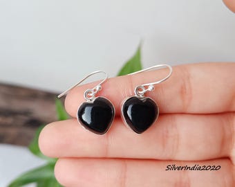 Black Onyx Heart Earrings, Sterling Silver, Minimalist Dangle