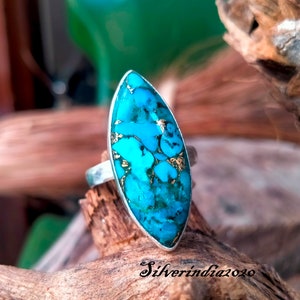 Handmade Marquise Copper Turquoise Ring: 925 Sterling Silver
