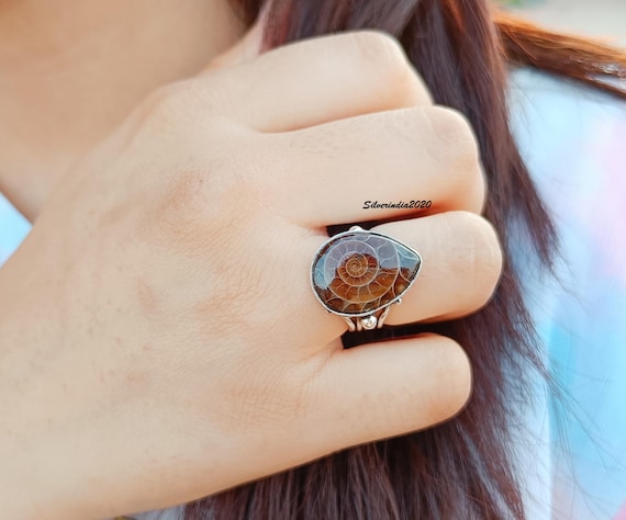 Ammonite Fossil Gemstone Ring: Handmade 925 Sterling Silver