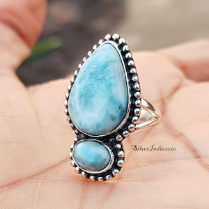 Handmade Larimar 925 Silver Ring: Boho Gemstone Jewelry