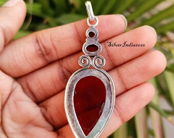 Handmade Natural Fire Red Garnet Oval Cut Pendant Necklace - Solid Silver Plated Copper With Stone Setting