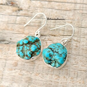Tibetan Turquoise Dangle Earrings: 925 Sterling Silver Boho Jewelry