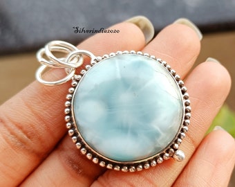 Handmade Larimar Pendant: 925 Sterling Silver Boho Necklace