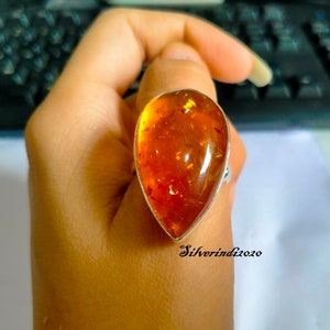 Pear Amber Ring: 925 Sterling Silver Band, Gemstone Ring