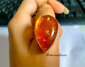 Pear Amber Ring: 925 Sterling Silver Band, Gemstone Ring