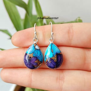 Teardrop Turquoise Dangle Earrings: 925 Sterling Silver, Handmade