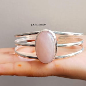 Rose Quartz 925 Sterling Silver Bangle - Adjustable Gemstone Cuff