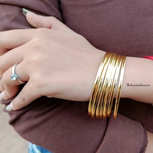 Gold Plated Sterling Silver Bangle Set - Half Round Stacking Bracelets (Set of 7)