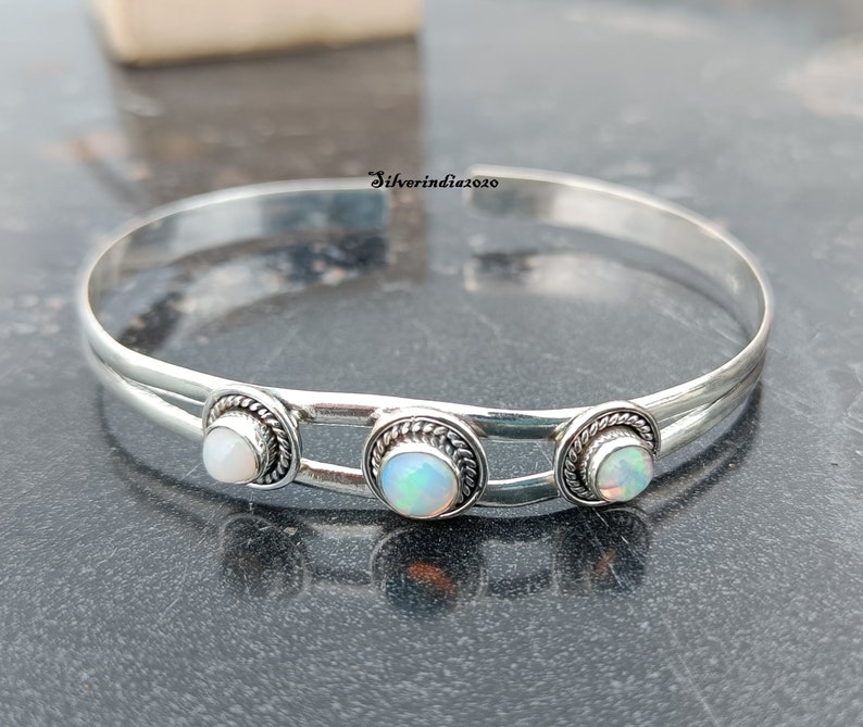 Opal Cuff Bangle, 925 Sterling Silver Bangle, Adjustable Handmade Bangle, Bangle For Christmas, Gemstone Bangle, Women Bangle, Gift For Her image 3