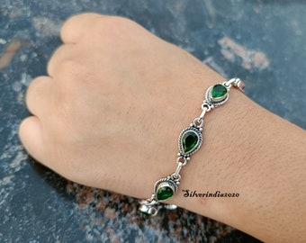 Emerald Bracelet, 925 Sterling Silver Bracelet For Women, Handmade Bracelet, Emerald Gemstone Bracelet, Dainty Adjustable Bracelet Jewelry