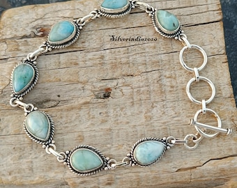 Natural Larimar Bracelet: 925 Sterling Silver Adjustable Charm Bangle