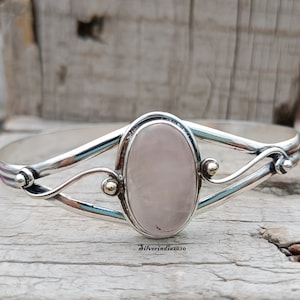 Rose Quartz Sterling Silver Cuff Bangle: Adjustable Open Design