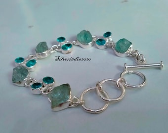 Raw Aquamarine Stone Bracelet: Handmade 925 Sterling Silver