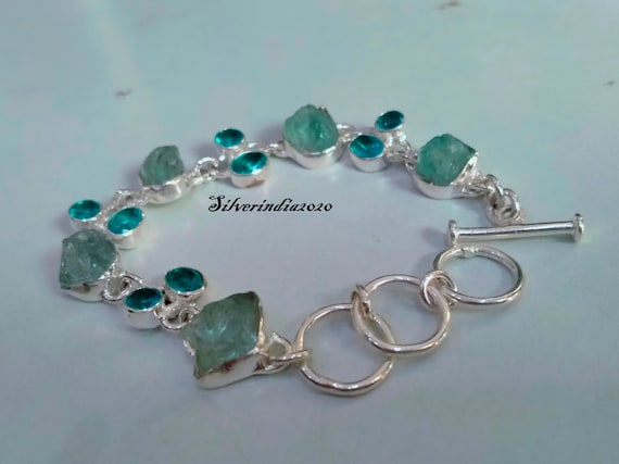 Raw Aquamarine Stone Bracelet: Handmade 925 Sterling Silver