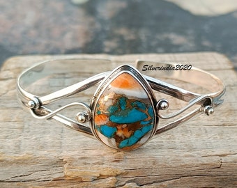 Oyster Copper Turquoise Bangle, 925 Sterling Silver Bangle, Handmade Bangle, Women Bangle, Adjustable Bangle, Open Cuff Bangle, Gift For Her