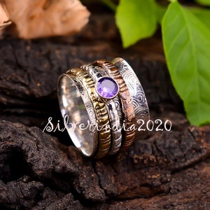 Amethyst Ring, Spinner Ring, 925 Sterling Silver, Three Band Ring,  Meditation Ring, Handmade Ring, Women Ring, Fidget Ring, Gift For Her