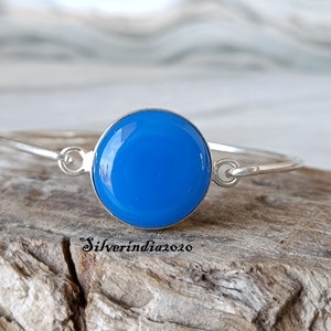 Blue Chalcedony Bangle: Handmade 925 Sterling Silver Adjustable Band