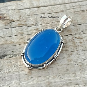 Handmade Blue Chalcedony 925 Sterling Silver Pendant Necklace