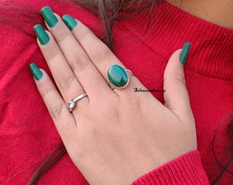 Natural Malachite Ring, Sterling Silver Ring, Handmade Ring, Split Band Ring, Women Ring, Green Malachite Ring, Gift For Her, Christmas Gift