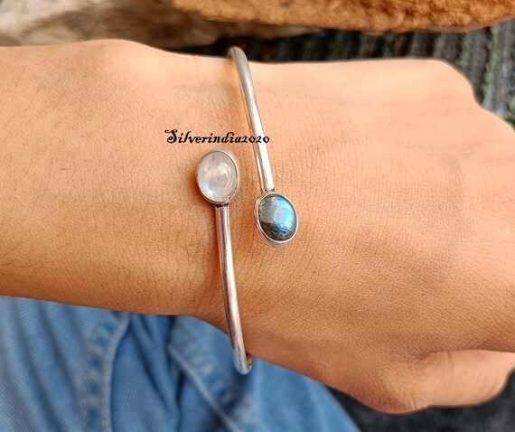 Labradorite Moonstone Bangle: Adjustable Sterling Silver Bracelet