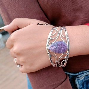 Handmade Charoite Sterling Silver Cuff Bangle: Adjustable Gemstone Bracelet