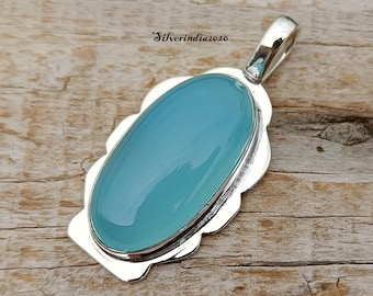 Handmade Oval Aqua Chalcedony 925 Sterling Silver Pendant
