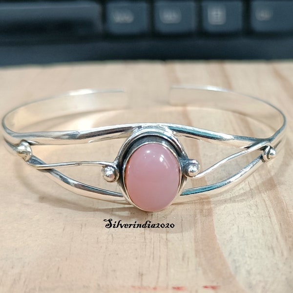 Pink Opal Bangle, 925 Sterling Silver, Handmade Bangle, Wedding Bangle, Natural Pink Opal Stone, Natural Silver, Birthday Gift, Gift For Her