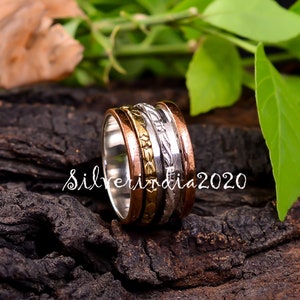 Sterling Silver Spinner Ring: Hammered Wide Band, Gemstone Accent