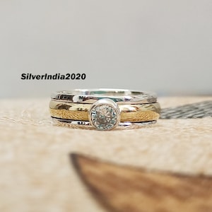 Crystal Spinner Ring: 925 Sterling Silver, Hammered Brass Band