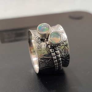 Handmade Sterling Silver Opal Spinner Ring: Meditation Jewelry