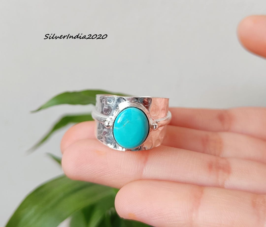 Kingman Turquoise Hammered Silver Ring, Handmade 925 Sterling Boho ...